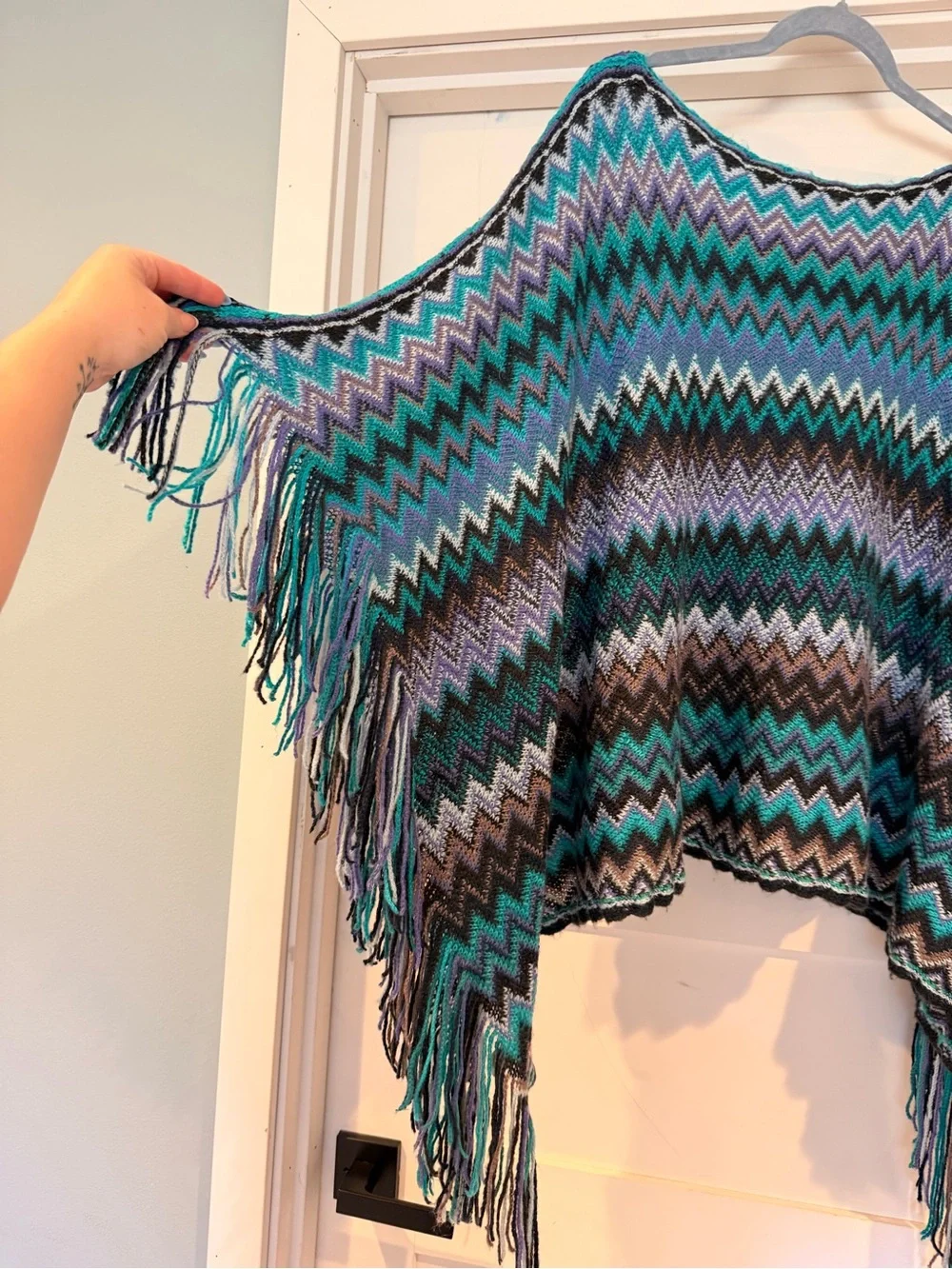 Chevron Fringe Knit Poncho - Teal, Purple, Black Mix - Picture 3 of 4